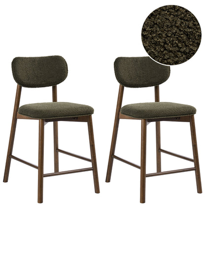 Boucle Two Brown Green Bar Chairs Set With Boucle Upholstery