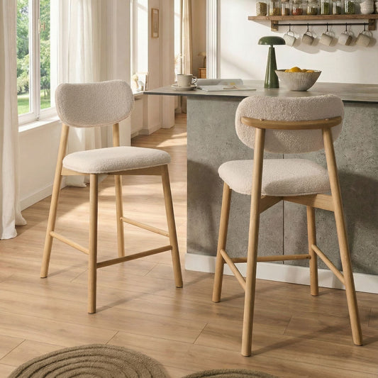 Home Set Of 2 Bar Chairs In Light Brown And Beige Boucle With Upholstered Seats And Rubber Wood Frames