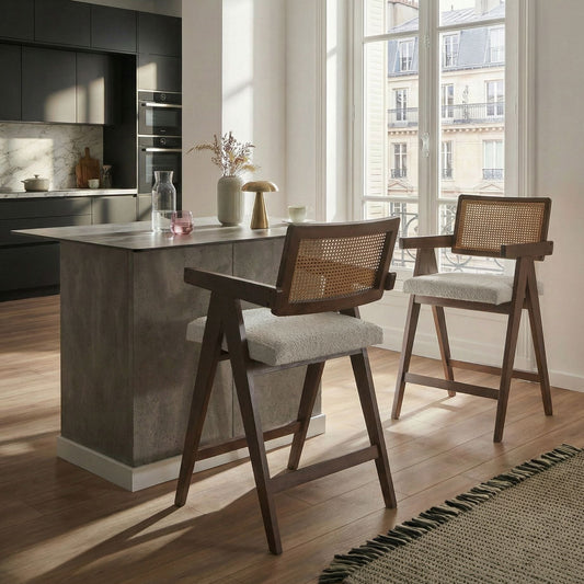 Bar Chairs Set of 2 Boucle Brown Beige Rubberwood Frame