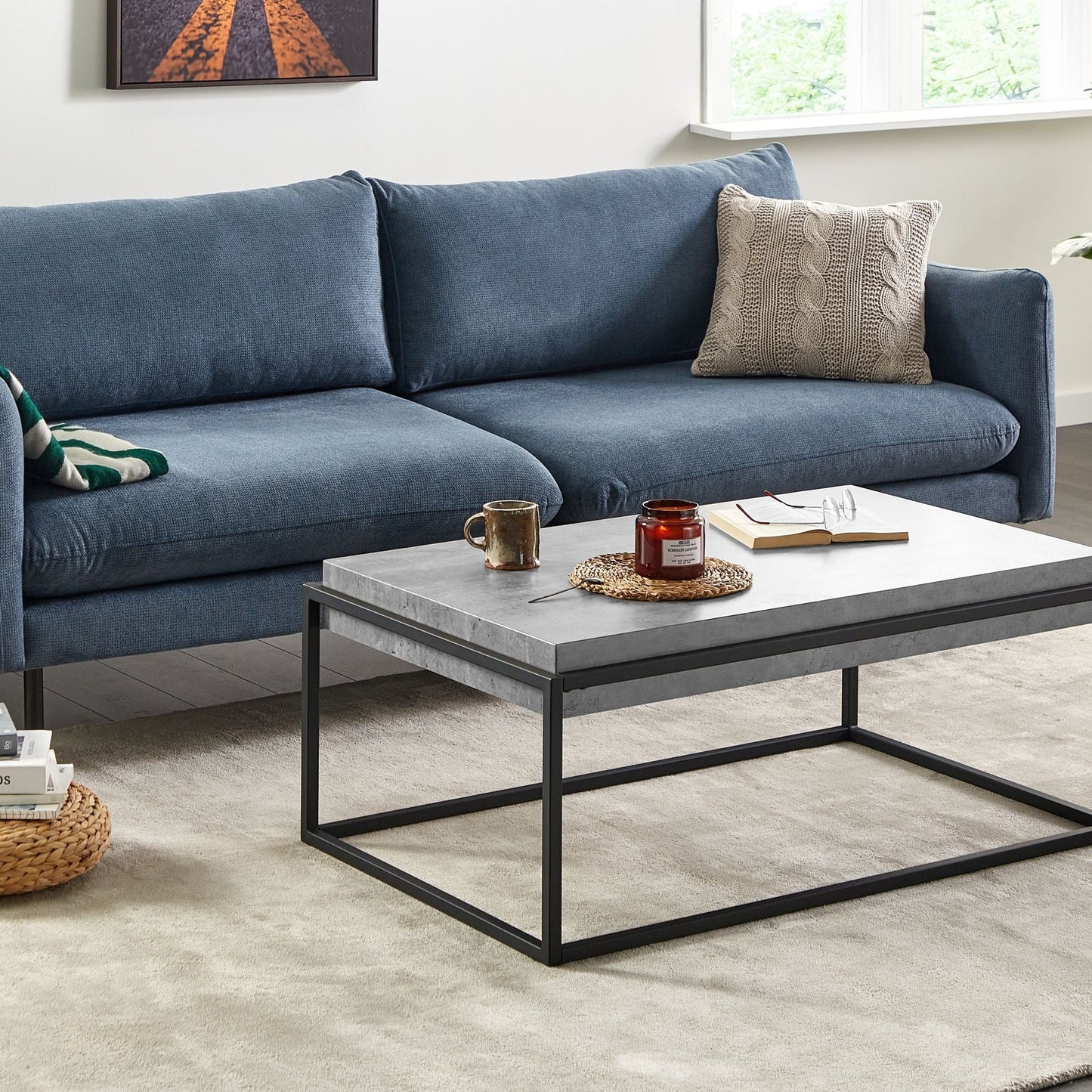 Grey Concrete Effect Coffee Table With Black Metal Frame 115 x 64cm