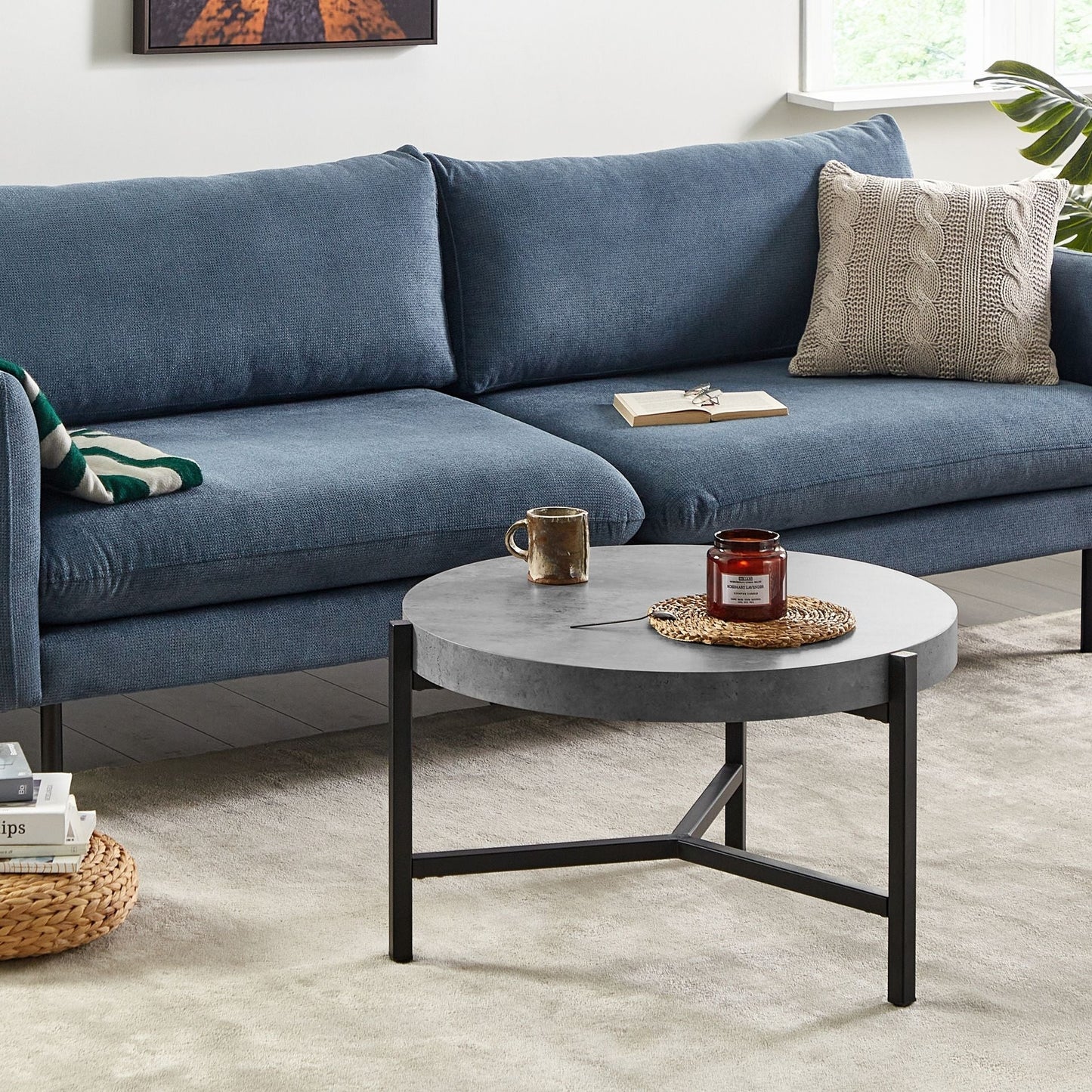 Industrial Round Coffee Table 70cm With Grey Concrete Effect Top And Black Metal Legs