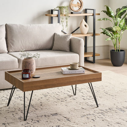 Coffee Table Brown Wood Raised Edges 100 x 60 Hairpin Legs