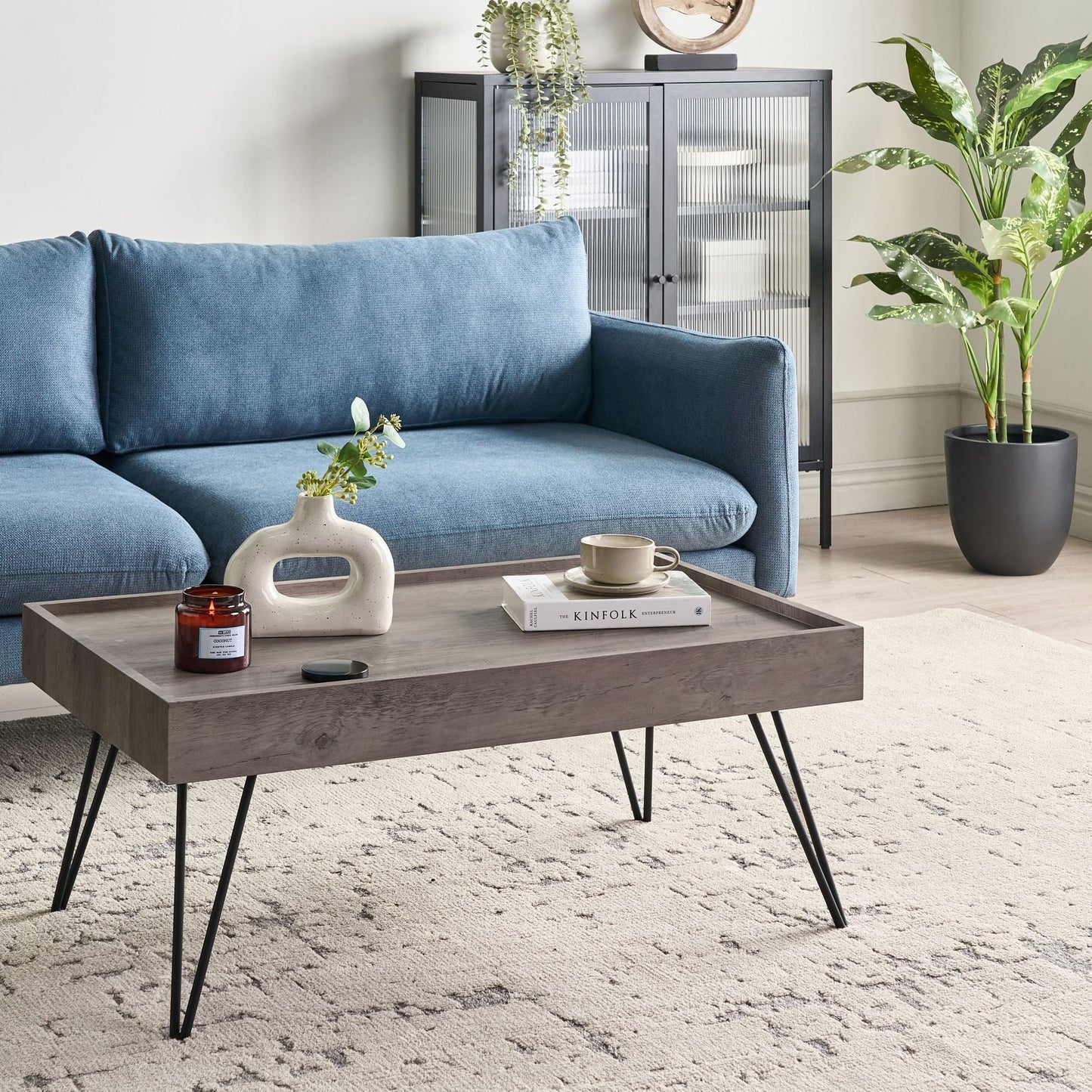 Coffee Table Grey Wood 100 x 60 Industrial Hairpin Legs
