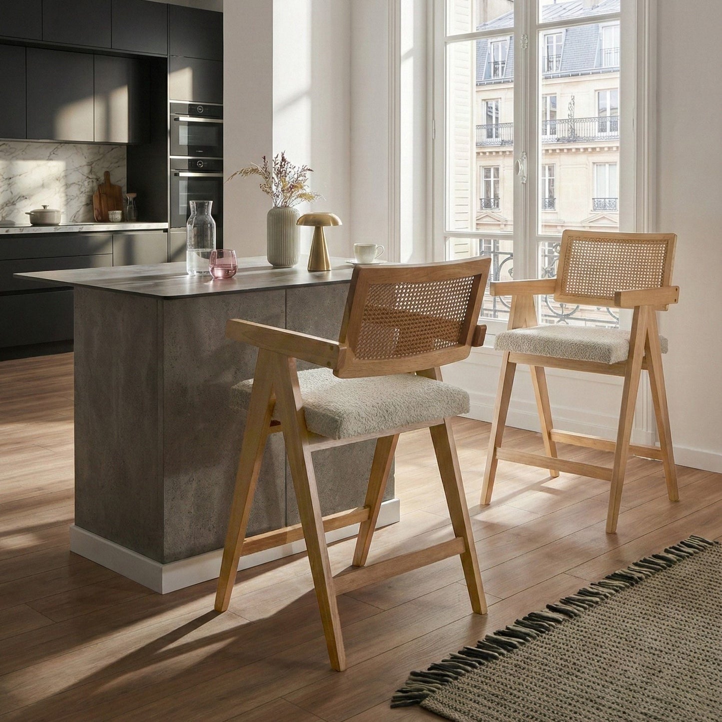 Set of 2 Bar Chairs Light Brown Beige Rubberwood Boucle Retro