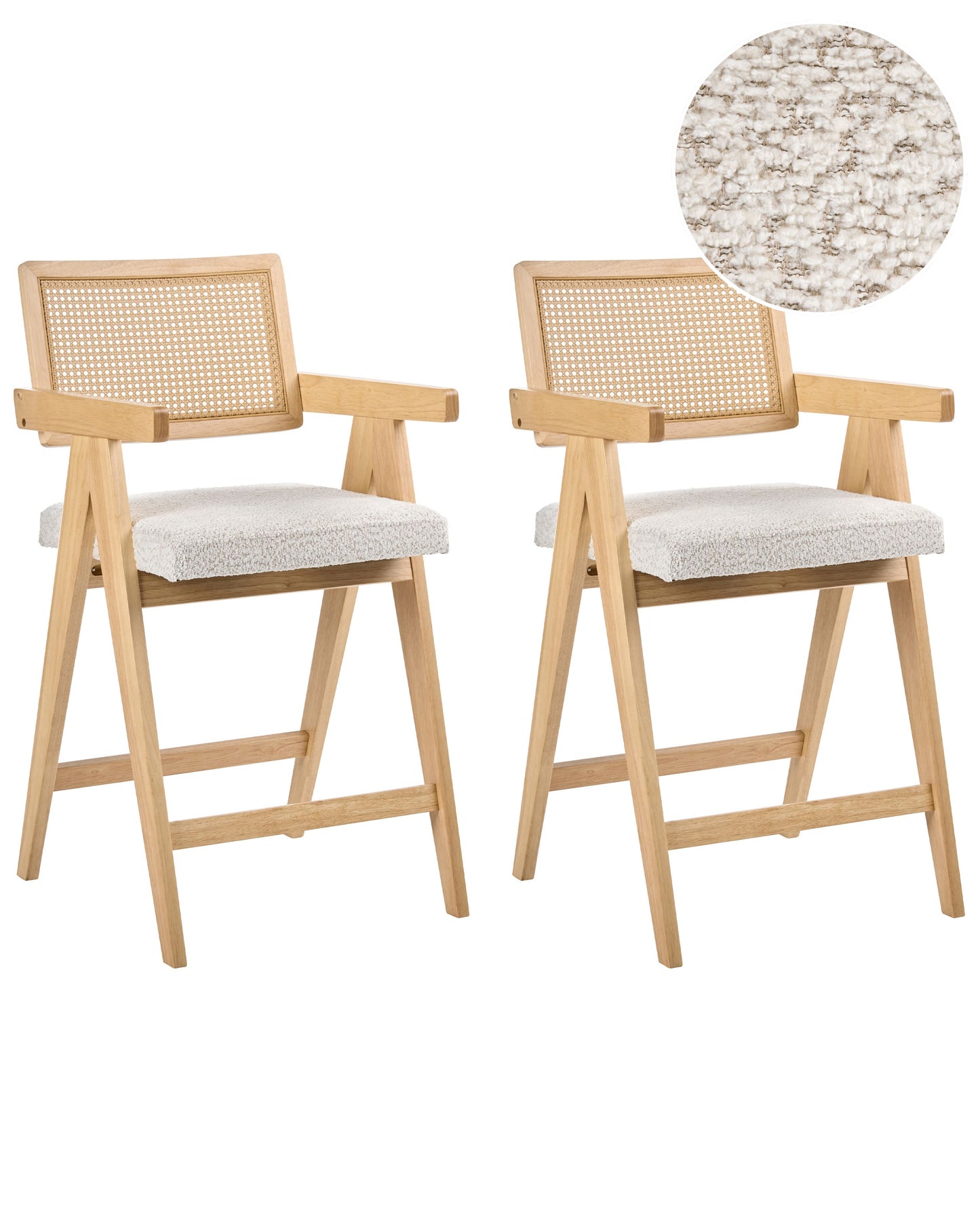 Set of 2 Bar Chairs Light Brown Beige Rubberwood Boucle Retro