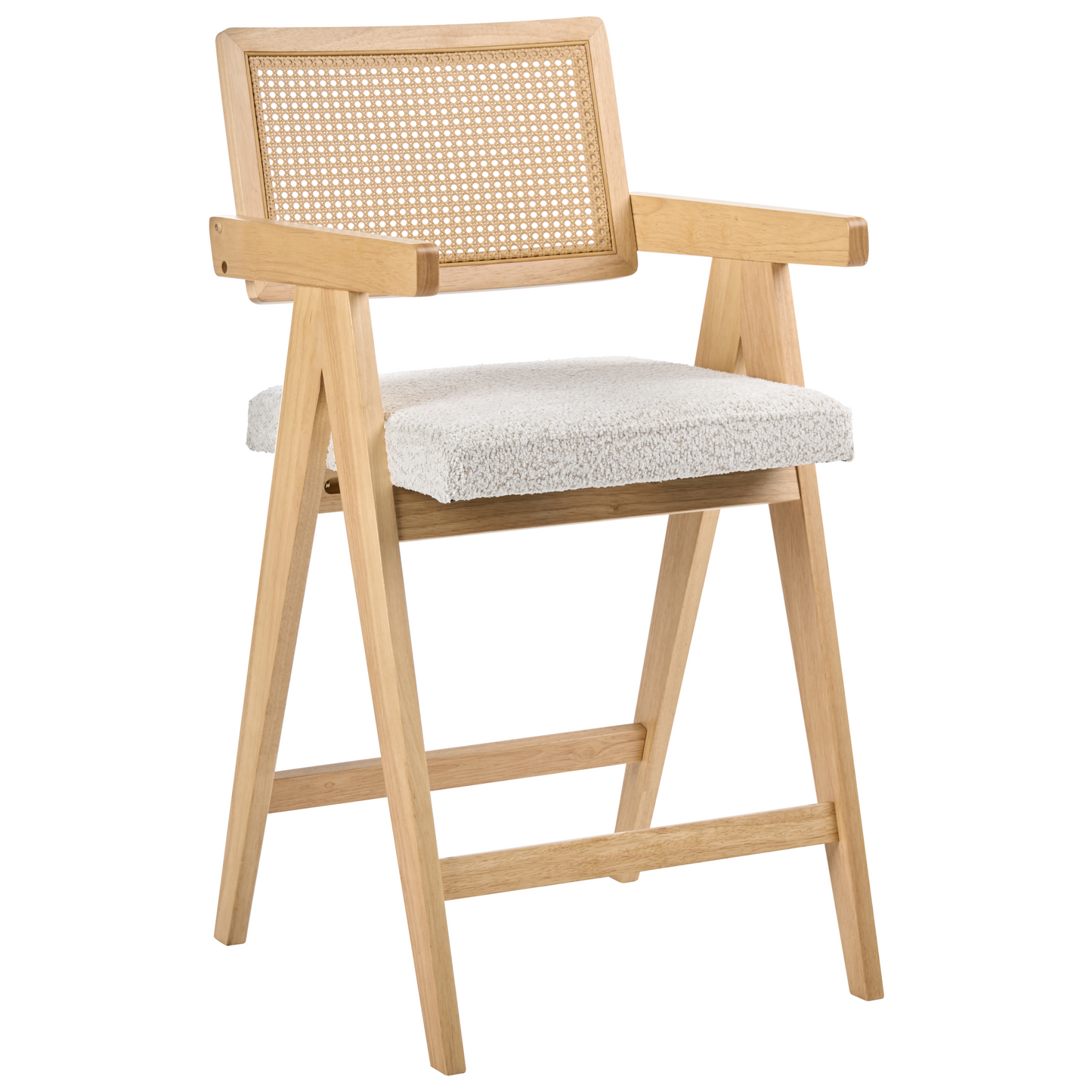 Set of 2 Bar Chairs Light Brown Beige Rubberwood Boucle Retro