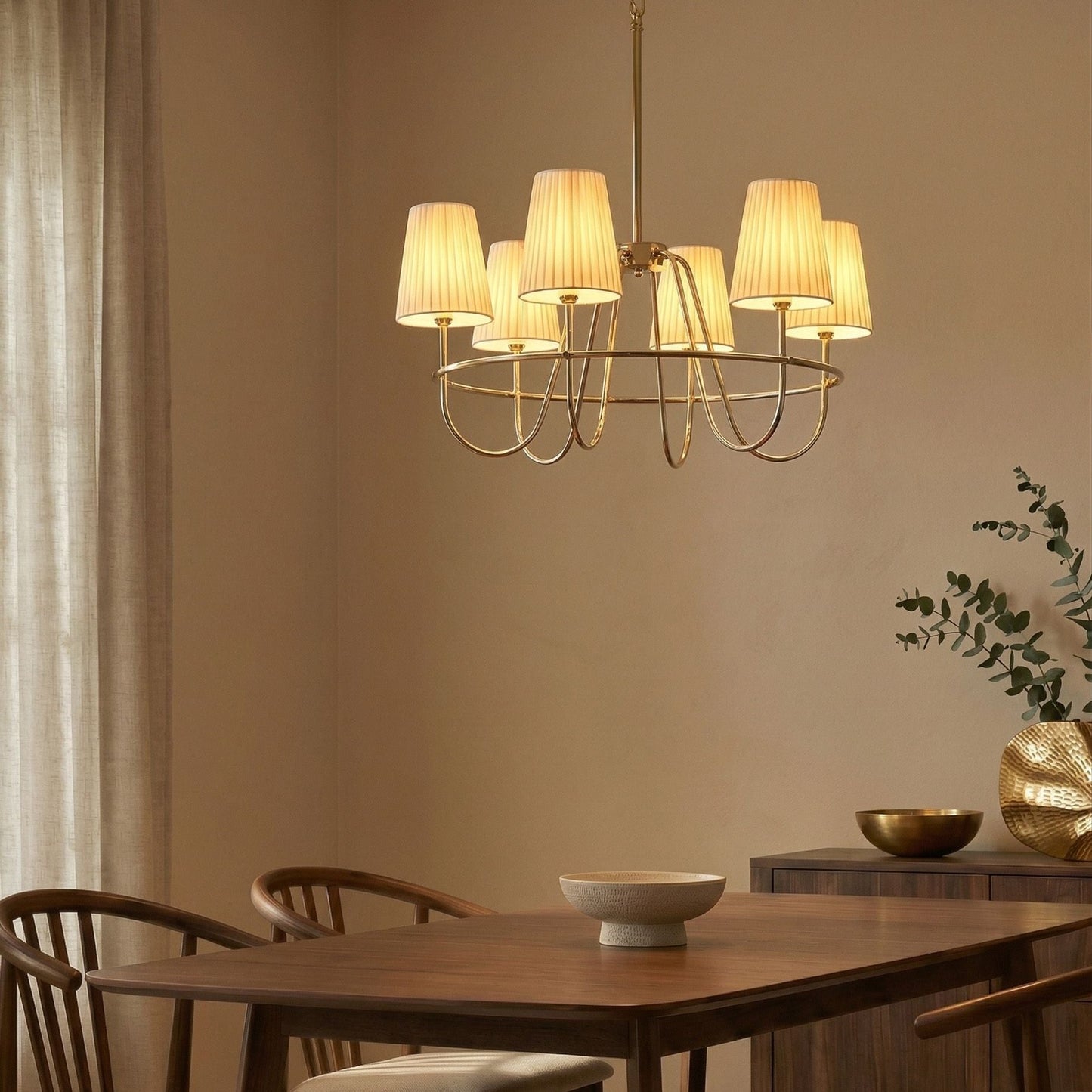 Pendant Chandelier Gold Metal Base Fabric Shades Traditional Style Living Room Lighting