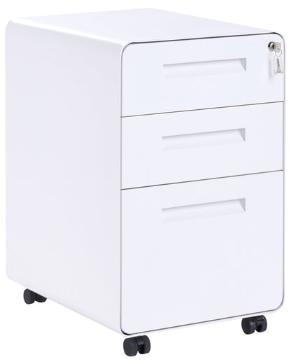 White Steel 3 Drawer Mobile Cabinet Key Locked Top Drawer