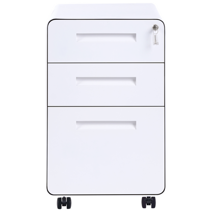 White Steel 3 Drawer Mobile Cabinet Key Locked Top Drawer