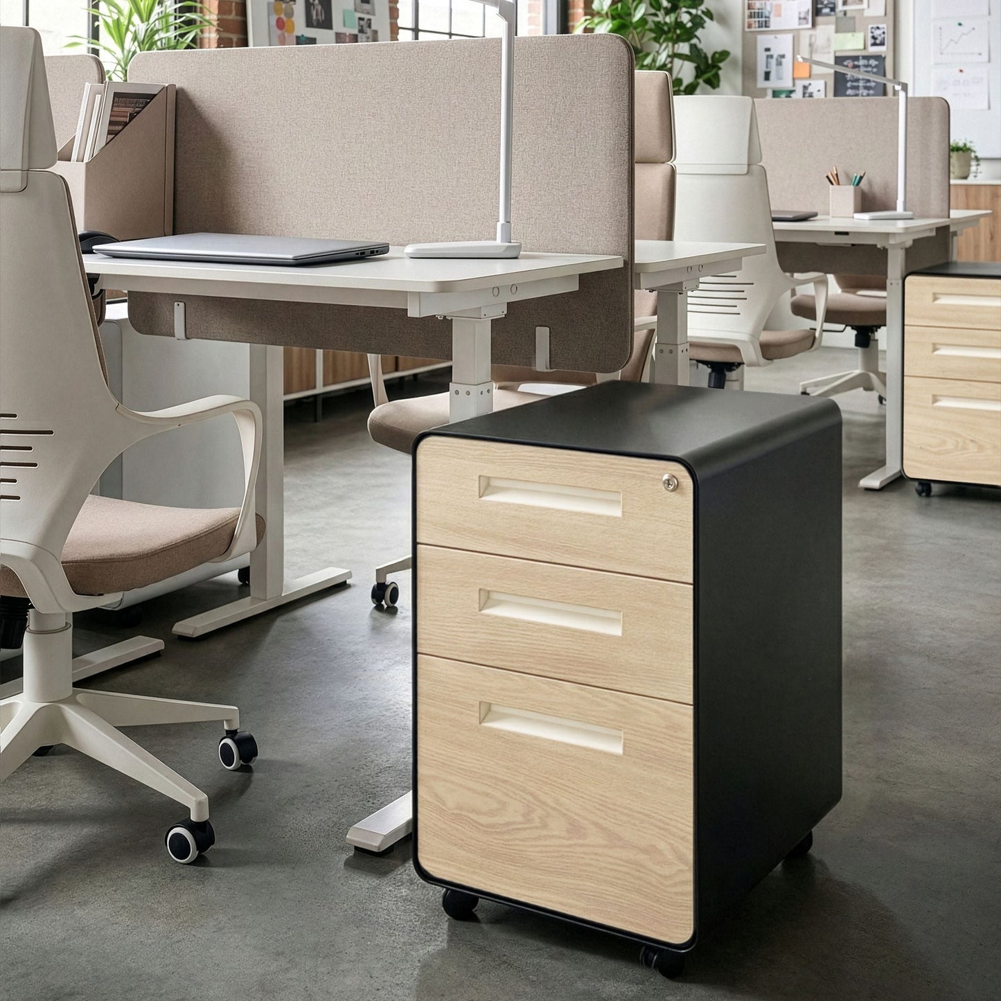 Three Drawer Storage Cabinet Black And Light Brown Steel With Locking Wheels Modern Office