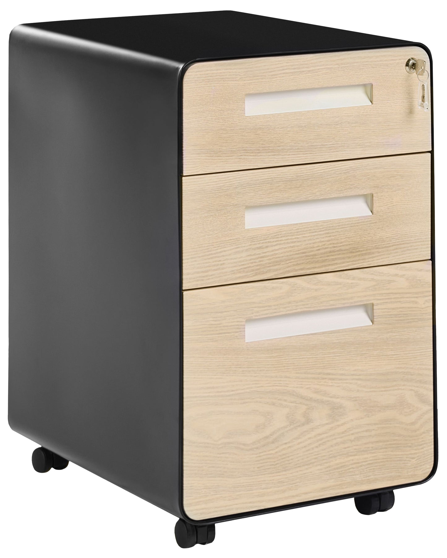 Three Drawer Storage Cabinet Black And Light Brown Steel With Locking Wheels Modern Office