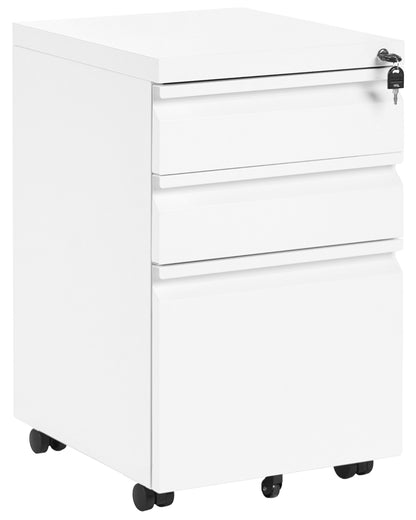 Storage Cabinet White Steel 3 Drawer Mobile With Key Lock