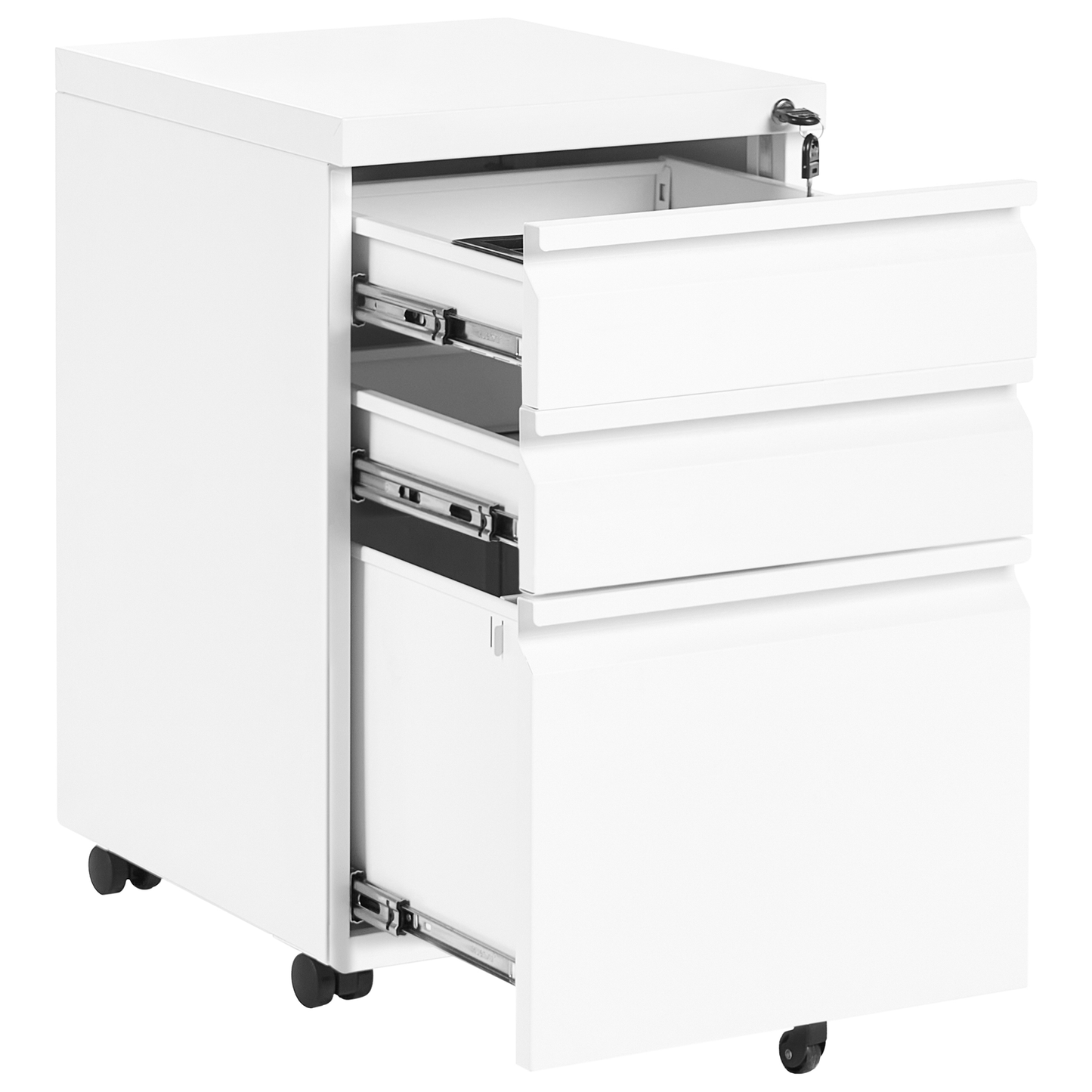 Storage Cabinet White Steel 3 Drawer Mobile With Key Lock