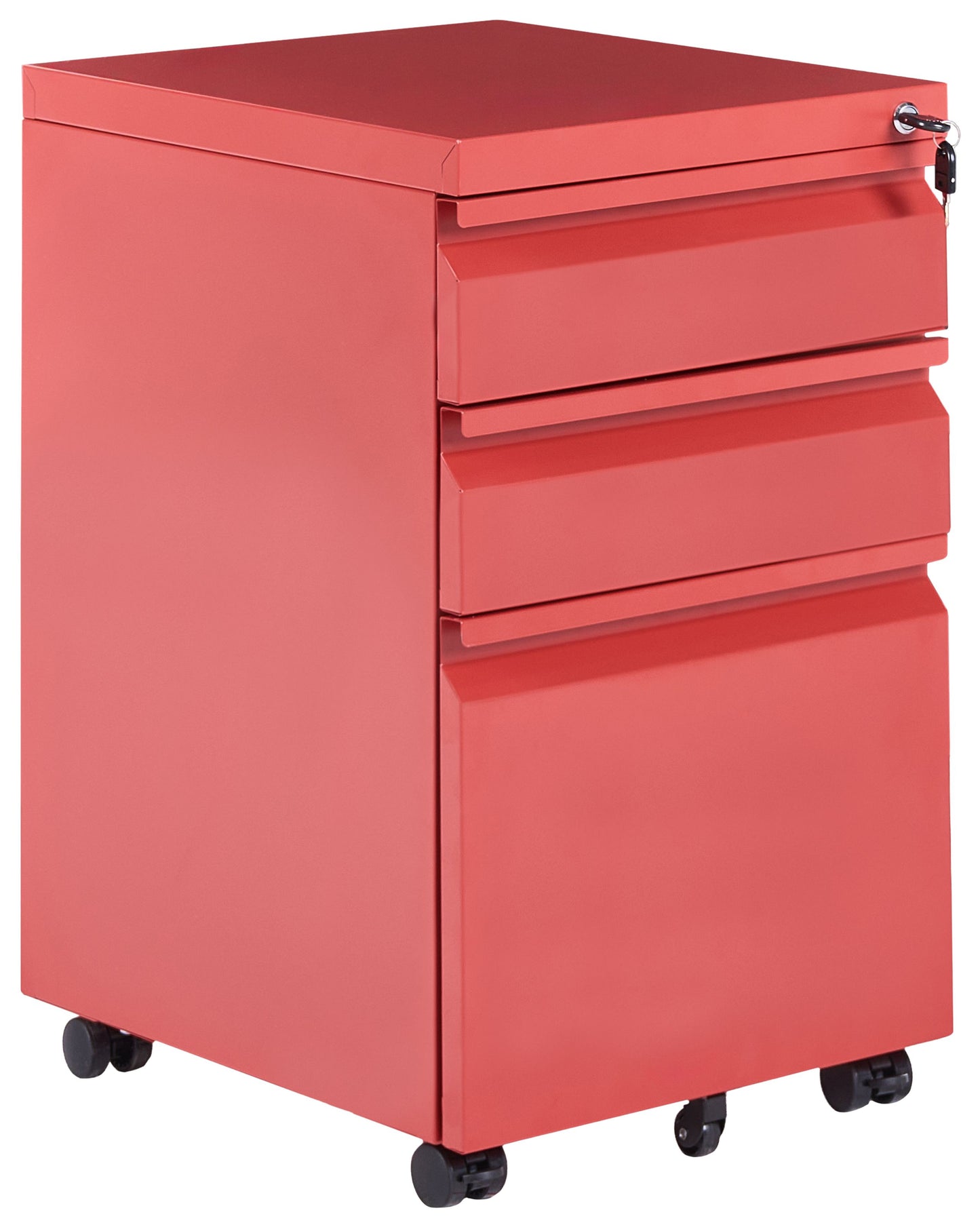 Red Steel Storage Cabinet 3 Drawer Mobile With Key Lock Plastic Wheels Modern Office