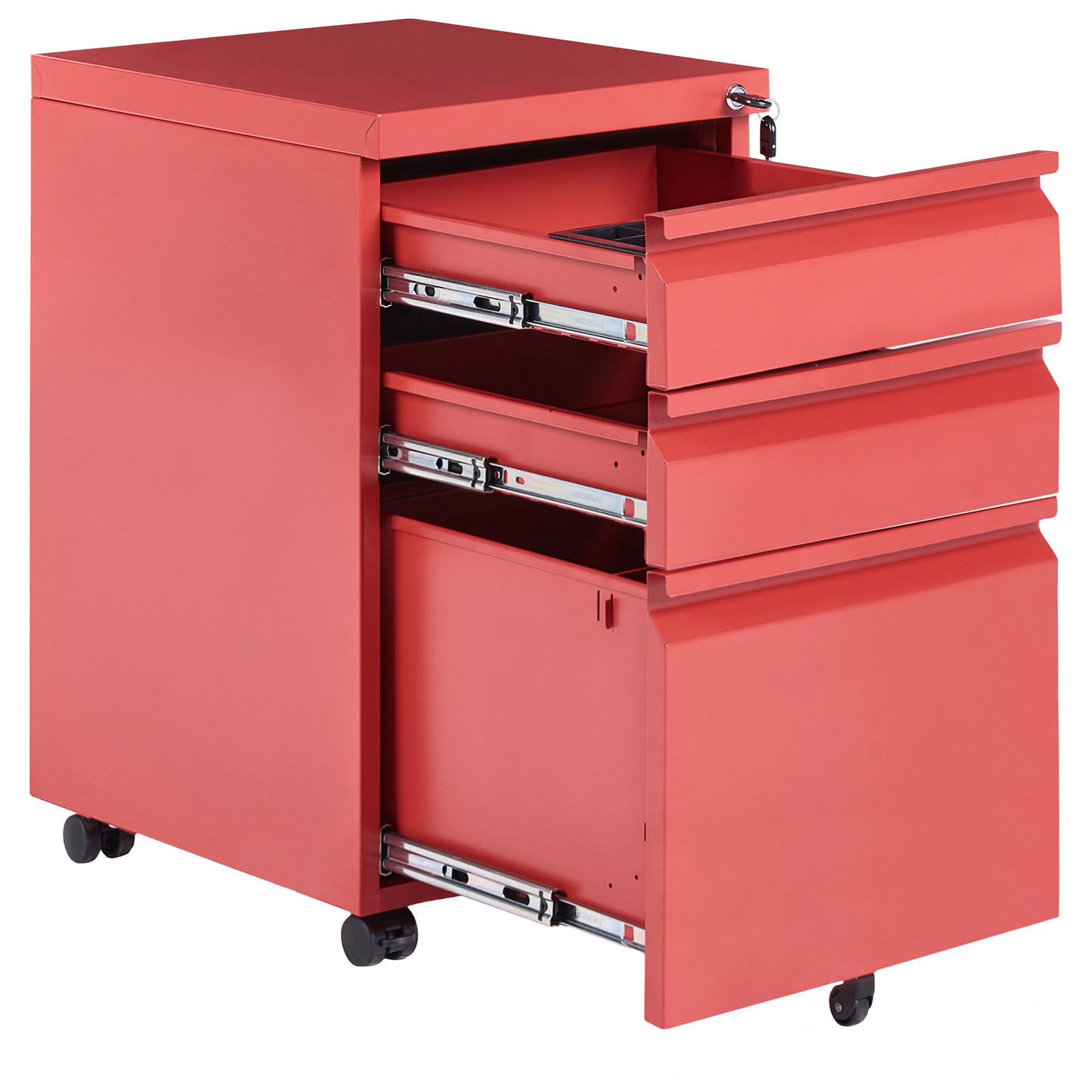 Red Steel Storage Cabinet 3 Drawer Mobile With Key Lock Plastic Wheels Modern Office