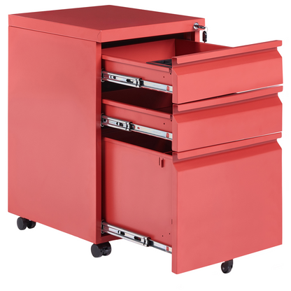 Red Steel Storage Cabinet 3 Drawer Mobile With Key Lock Plastic Wheels Modern Office