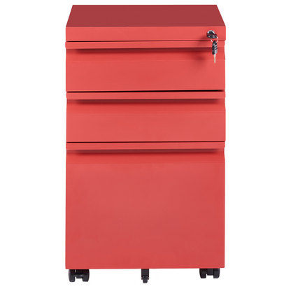 Red Steel Storage Cabinet 3 Drawer Mobile With Key Lock Plastic Wheels Modern Office