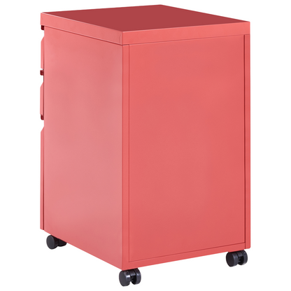 Red Steel Storage Cabinet 3 Drawer Mobile With Key Lock Plastic Wheels Modern Office