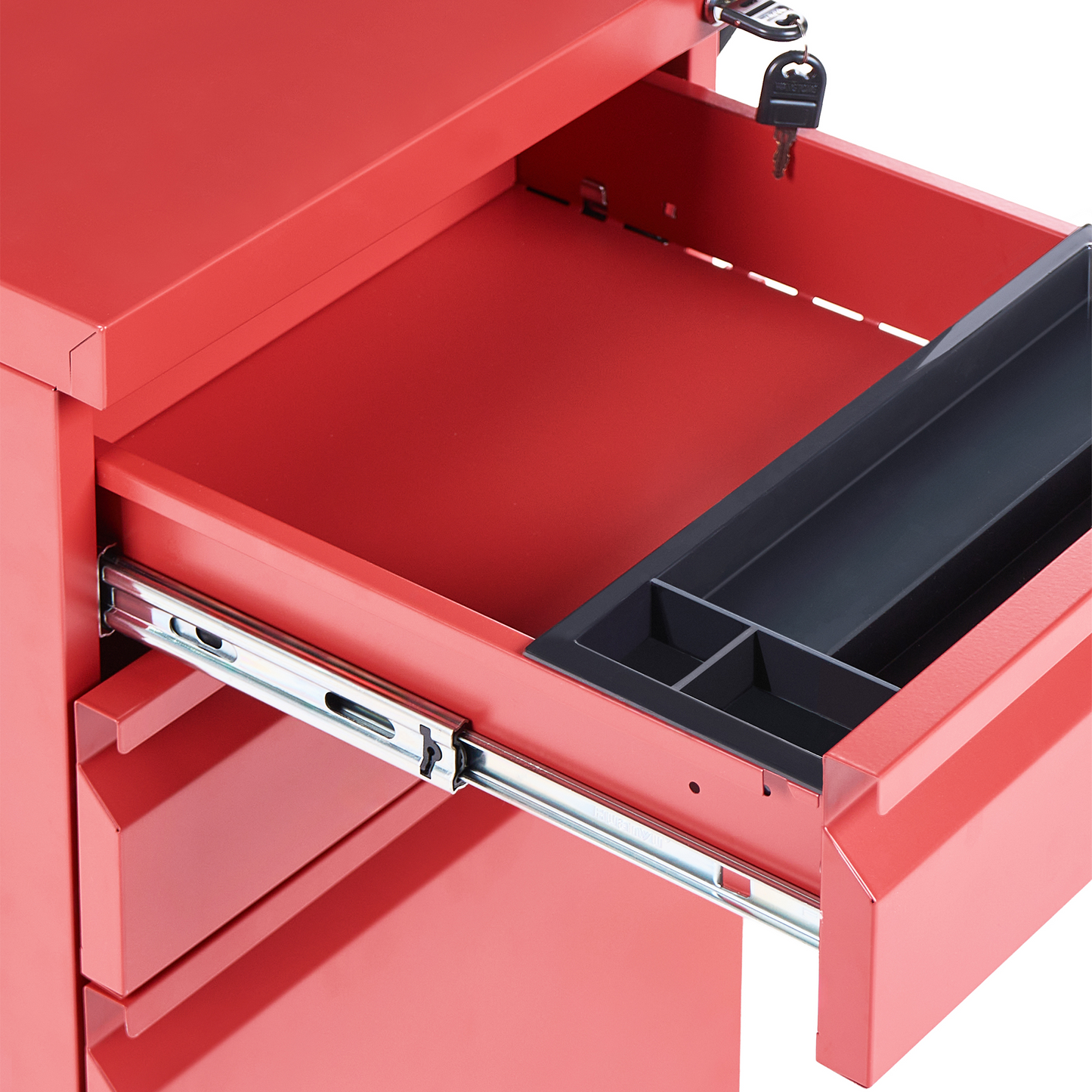Red Steel Storage Cabinet 3 Drawer Mobile With Key Lock Plastic Wheels Modern Office