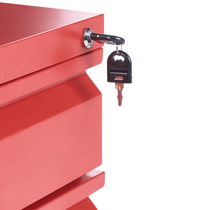 Red Steel Storage Cabinet 3 Drawer Mobile With Key Lock Plastic Wheels Modern Office