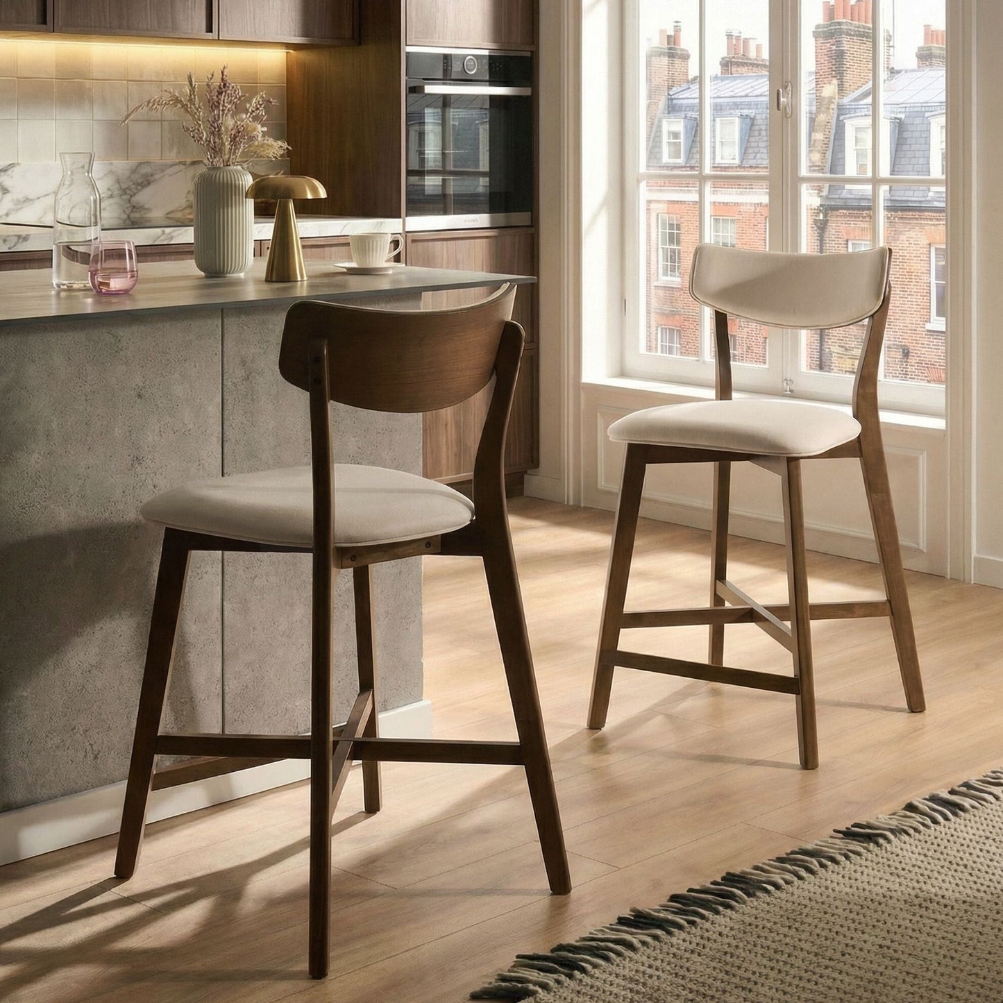 Armless Retro Chairs Set 2 Brown Off White Rubberwood