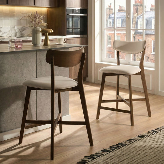 Armless Retro Chairs Set 2 Brown Off White Rubberwood