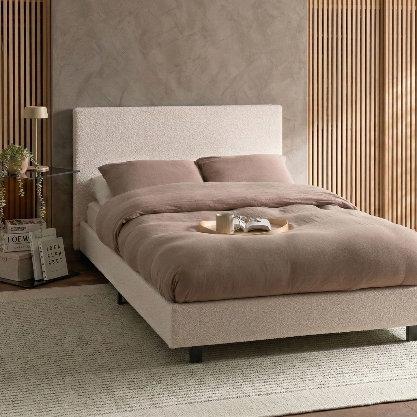 Slatted Bed Frame Off White Boucle Upholstered EU Small Double 4ft Modern Design