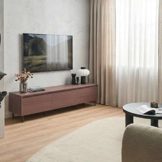 Dark Brown Particle Board TV Stand With 3 Door Storage And Metal Legs