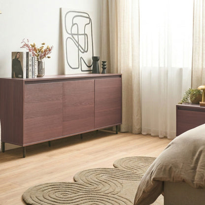 3 Door Sideboard Dark Brown Particle Board With Black Metal Legs Freestanding Cabinet With Shelves