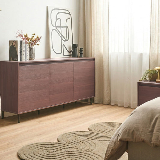 3 Door Sideboard Dark Brown Particle Board With Black Metal Legs Freestanding Cabinet With Shelves