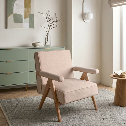 Retro Armchair Beige Faux Linen Upholstery Wood Frame