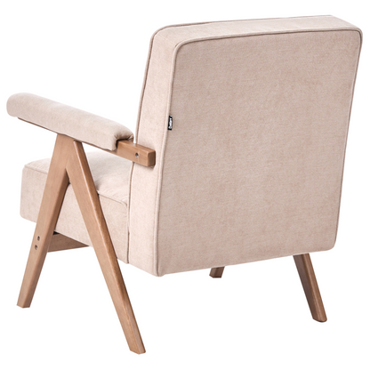 Retro Armchair Beige Faux Linen Upholstery Wood Frame