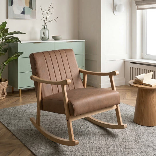 Rocking Armchair Brown Faux Leather Upholstery With Rubberwood Legs And Armrests For Living Room