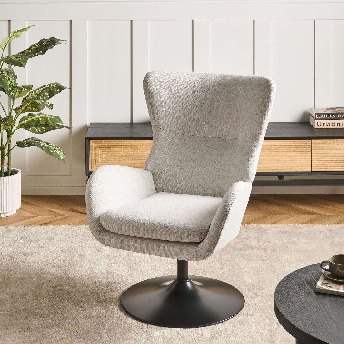 Off-White Fabric Wingback With Black Iron Base 360 Degree Swivel