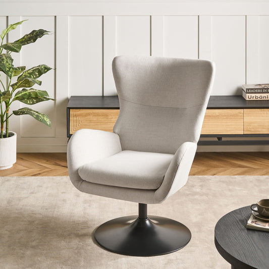 Off-White Fabric Wingback With Black Iron Base 360 Degree Swivel