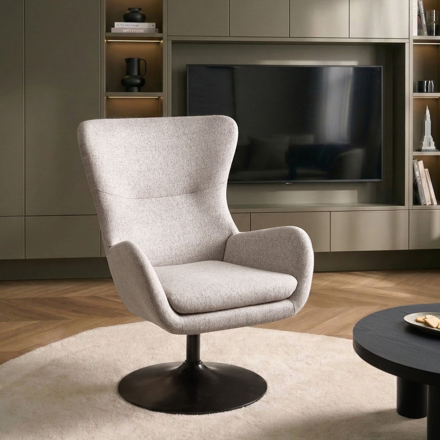 Armchair Beige Fabric Upholstered Wingback With Iron Black Base 360 Swivel Cushioned Seat For Living Room