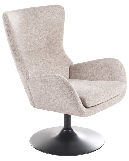 Armchair Beige Fabric Upholstered Wingback With Iron Black Base 360 Swivel Cushioned Seat For Living Room