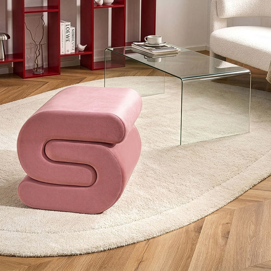 Pouffe Pink Velvet S Shape Footstool for Living Room