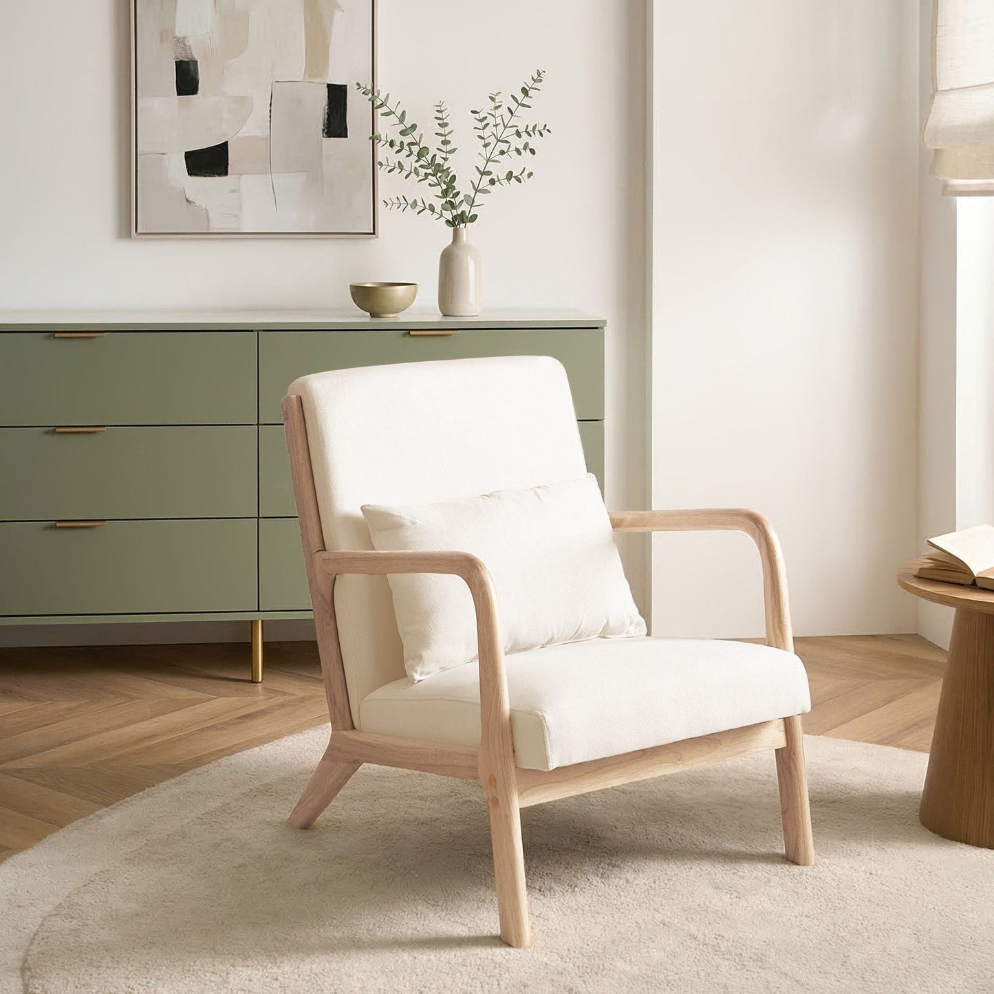 Classic Home Armchair Off-White Fabric With Rubberwood Legs Armrests