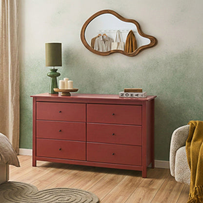 Burgundy 6 Drawer Chest Scandinavian Style Solid Pine Wood Storage Cabinet For Living Room