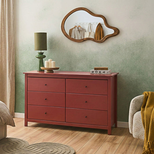 Burgundy 6 Drawer Chest Scandinavian Style Solid Pine Wood Storage Cabinet For Living Room