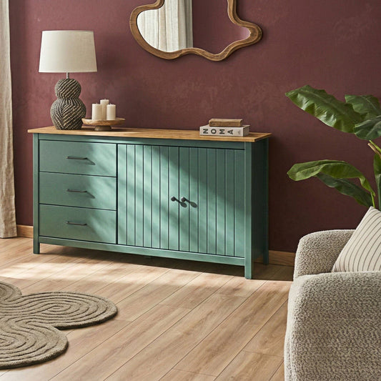 Nordic Pine Co Sideboard Green 2 Door Cabinet With Drawers Scandinavian Style For Living Room