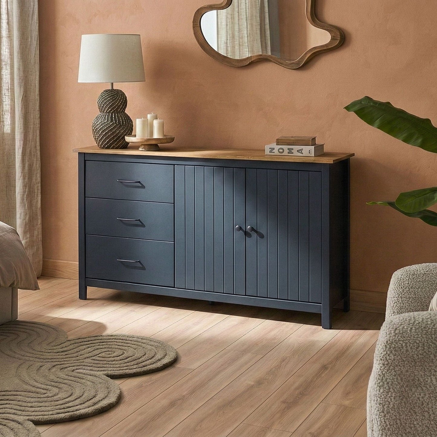 Sideboard Dark Blue 2 Door With Drawers Pine Wood