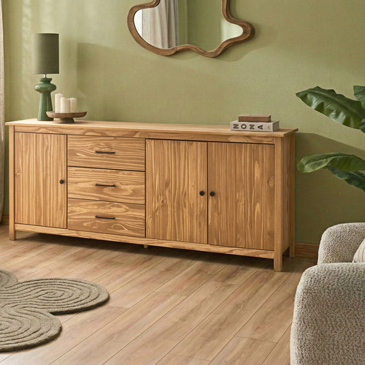 Pine Sideboard 3 Door With Shelves And Drawers Light Brown