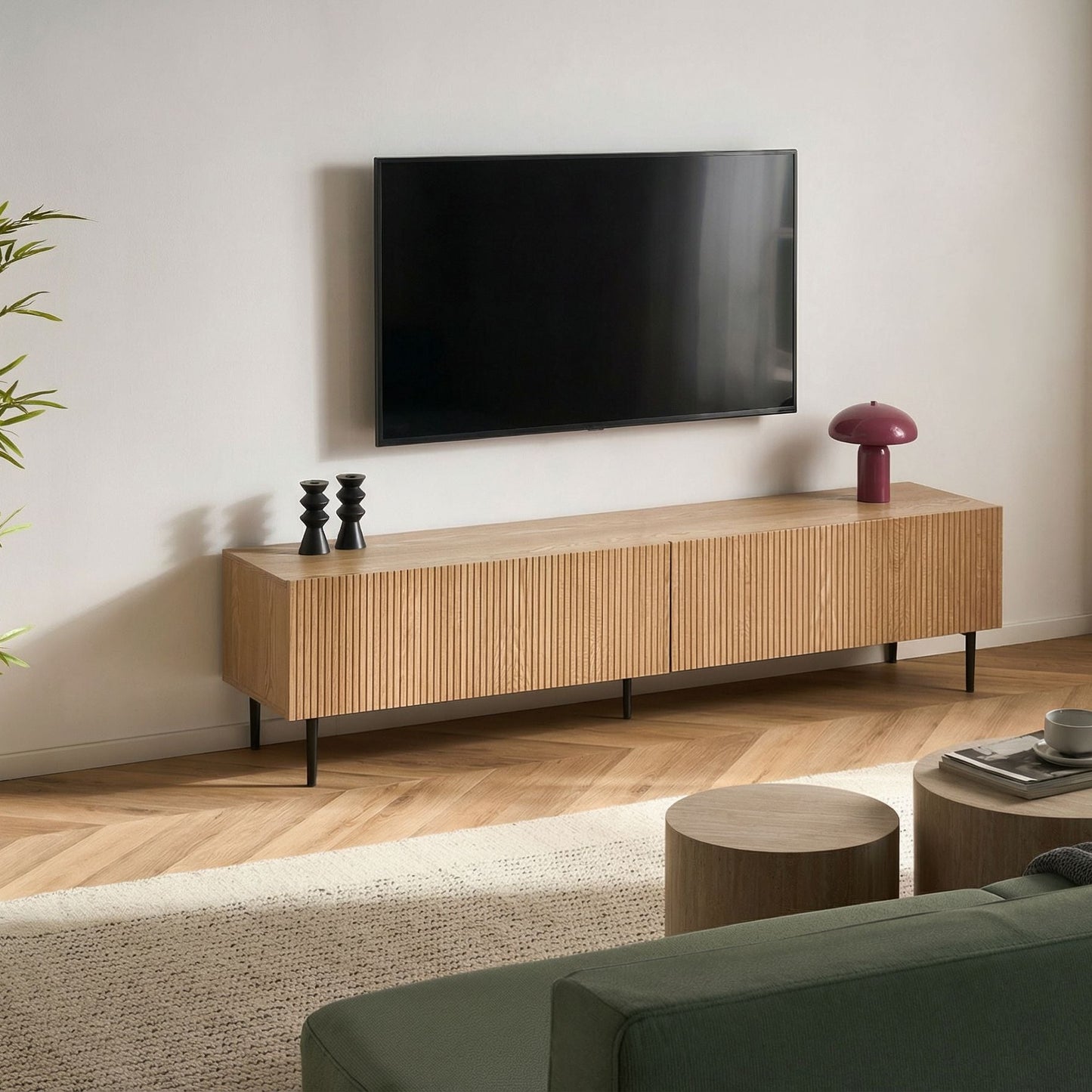 Brand Ash Wood TV Stand With Ribbed Front And Two Drawers For Modern Living Room