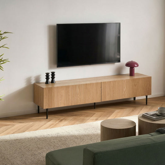 Brand Ash Wood TV Stand With Ribbed Front And Two Drawers For Modern Living Room
