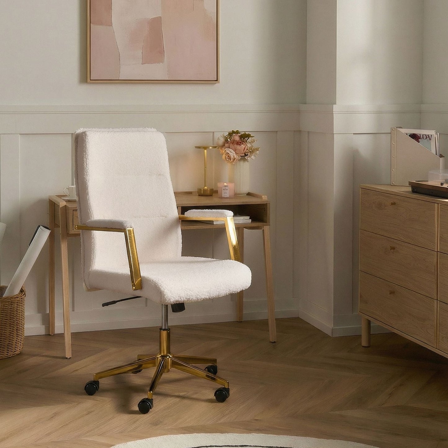 Executive Office Chair Off White Boucle Upholstery with Height Adjustable Tilt Swivel Padding