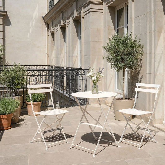 3 Piece Bistro Set Off White Metal Folding Outdoor