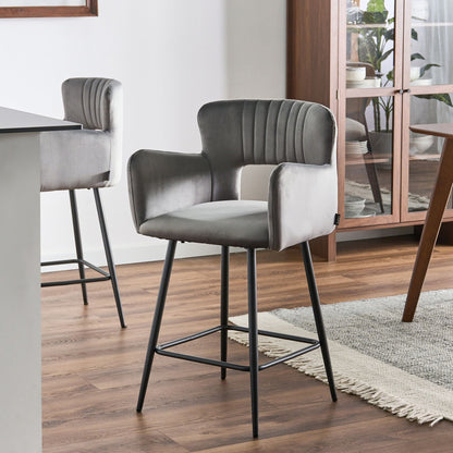 Velvet Bar Chairs Set Of 2 Grey Armrests Cutout Back