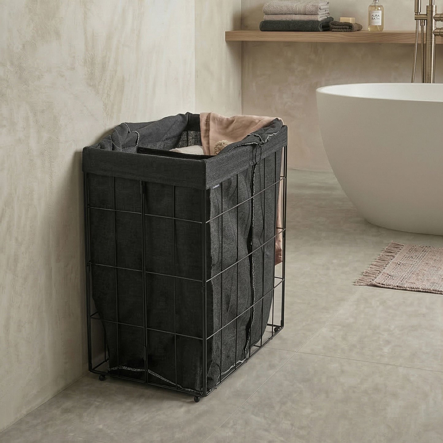 Laundry Basket With Black Metal Frame Foldable Handmade Removable Fabric Liner 100L